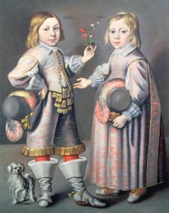 Portrait of a Boy Aged Four and a Girl Aged Three with a Small Dog